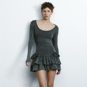 Zara Charcoal Grey Long-Sleeve Ruffle Mini Dress